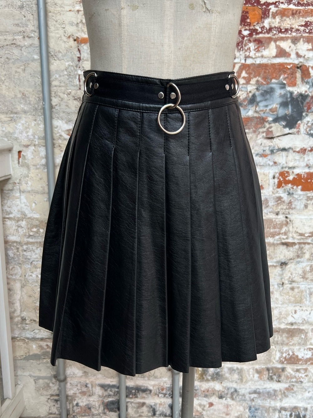 Current Mood Black Faux Leather Pleated Skater Skirt with O-Ring Waist
